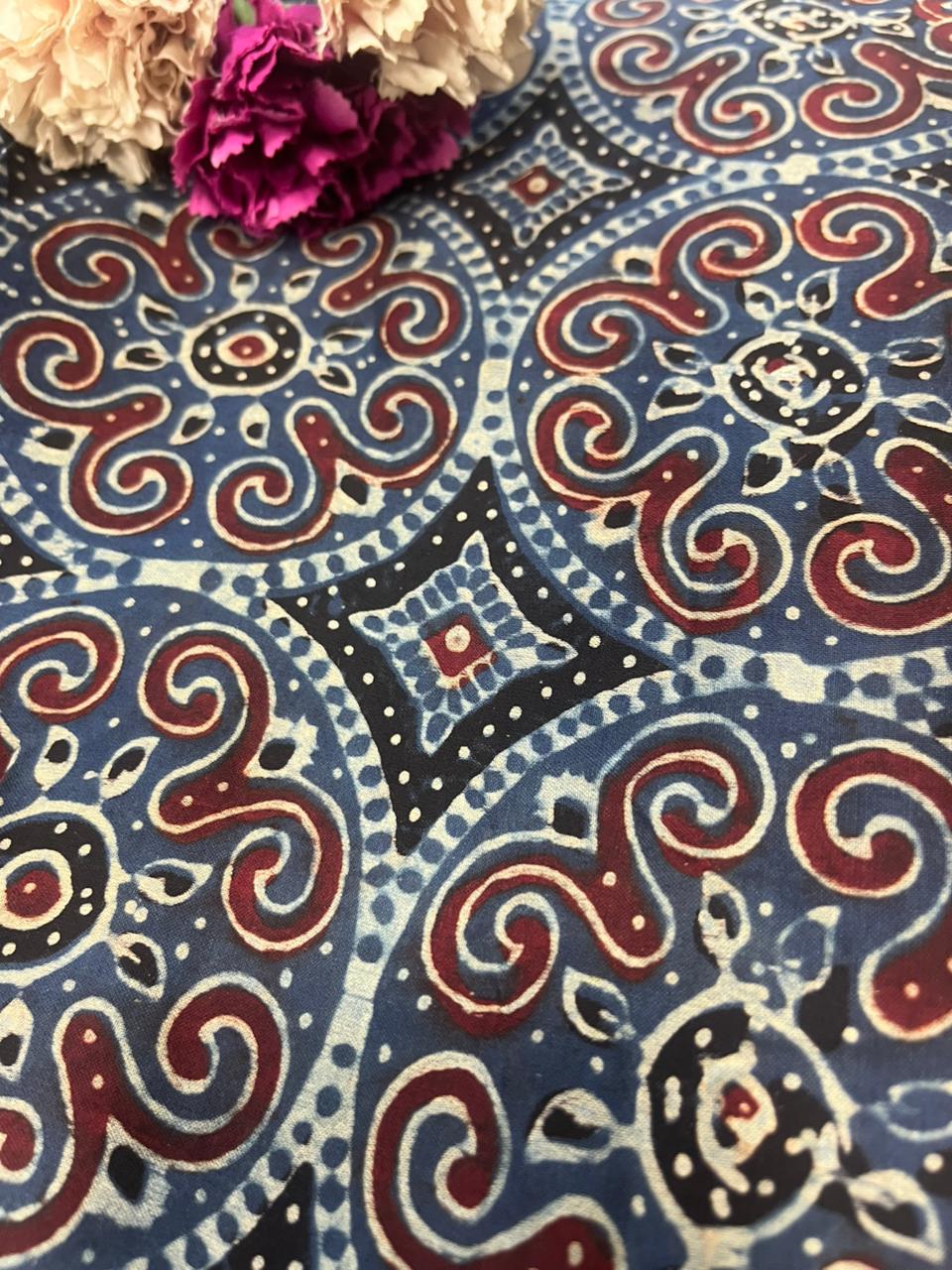 Blue Block Printed Ajrakh Modal Silk Fabric ( 1 Mtr ) - Luxurion World