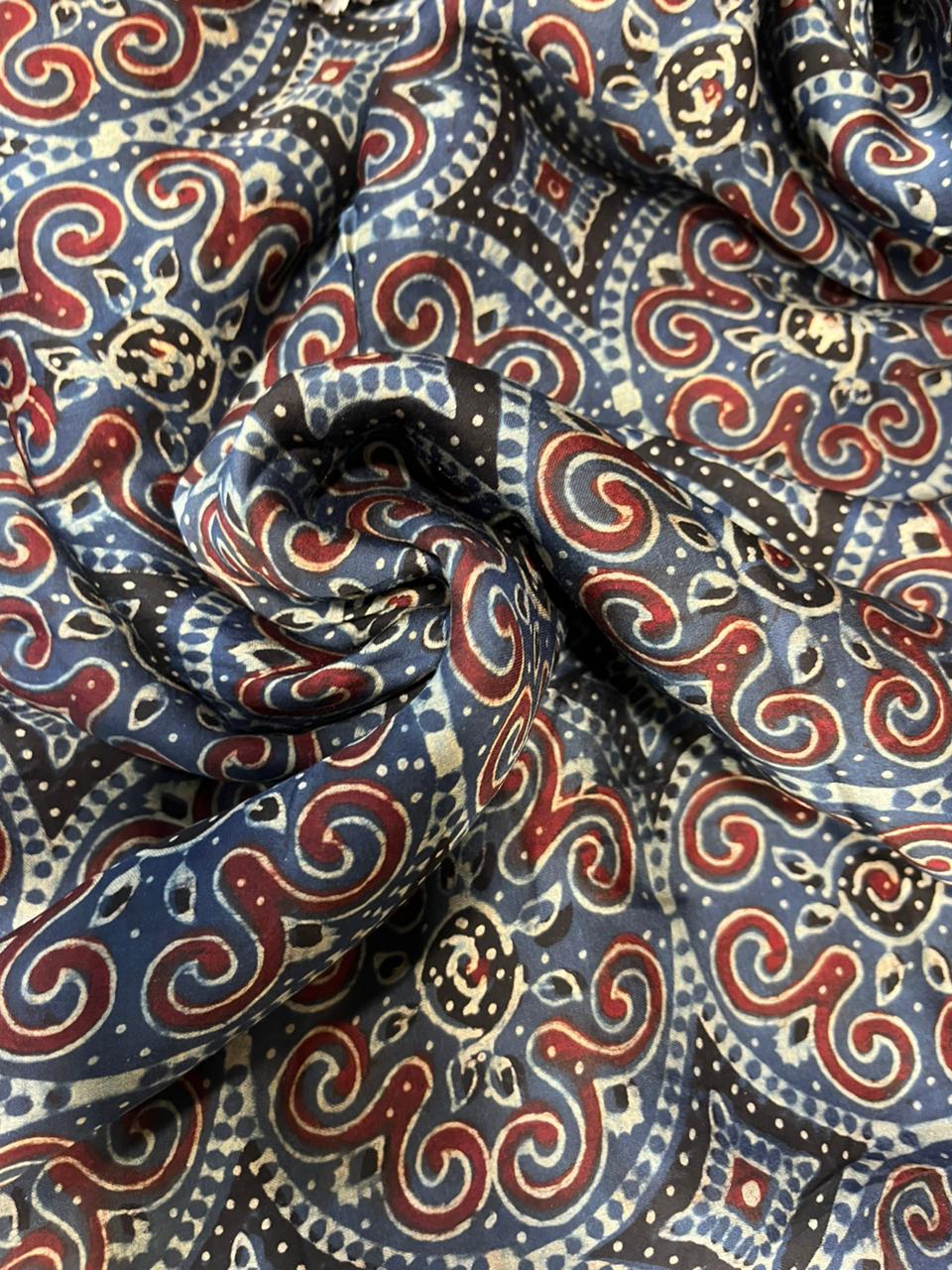 Blue Block Printed Ajrakh Modal Silk Fabric ( 1 Mtr )