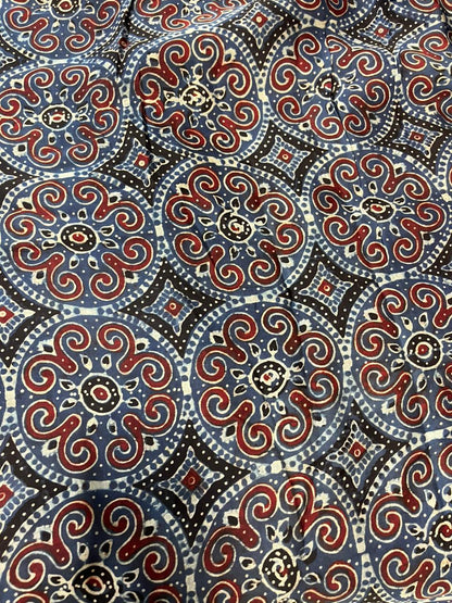 Blue Block Printed Ajrakh Modal Silk Fabric ( 1 Mtr )