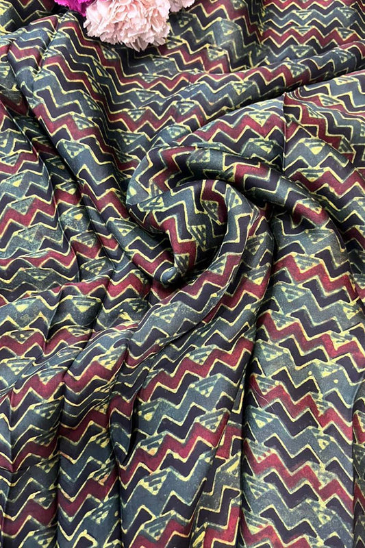Multicolor Block Printed Ajrakh Modal Silk Fabric ( 1 Mtr )