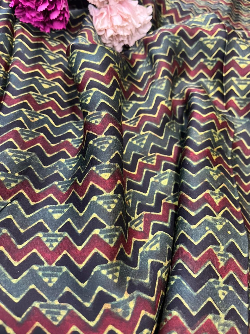 Multicolor Block Printed Ajrakh Modal Silk Fabric ( 1 Mtr )