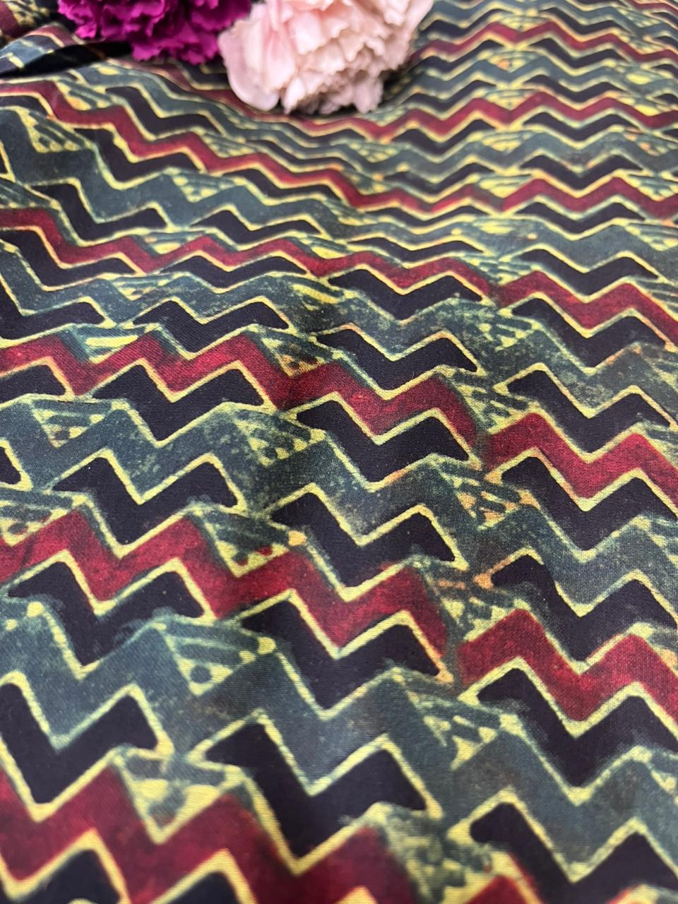 Multicolor Block Printed Ajrakh Modal Silk Fabric ( 1 Mtr )