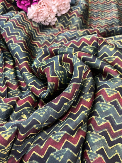 Multicolor Block Printed Ajrakh Modal Silk Fabric ( 1 Mtr )