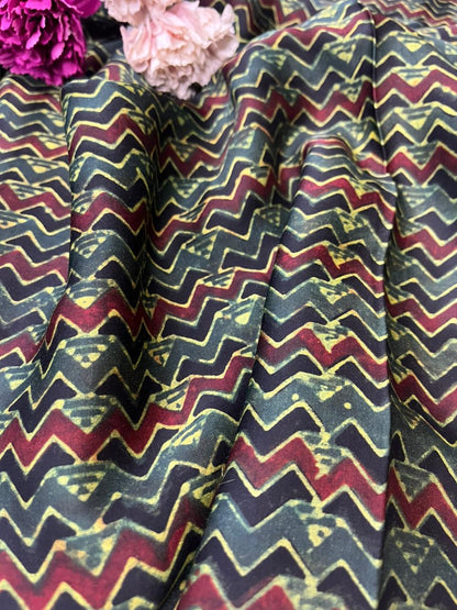 Multicolor Block Printed Ajrakh Modal Silk Fabric ( 1 Mtr )