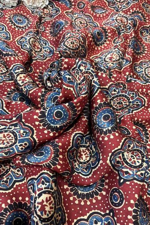 Red Block Printed Ajrakh Modal Silk Fabric ( 1 Mtr ) - Luxurion World