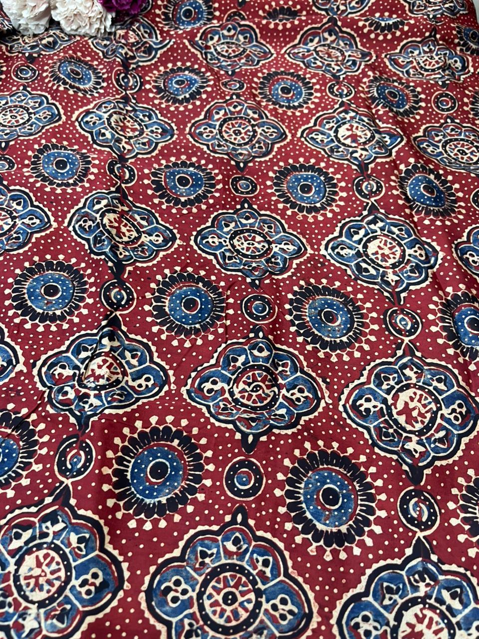 Red Block Printed Ajrakh Modal Silk Fabric ( 1 Mtr ) - Luxurion World