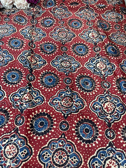 Red Block Printed Ajrakh Modal Silk Fabric ( 1 Mtr )