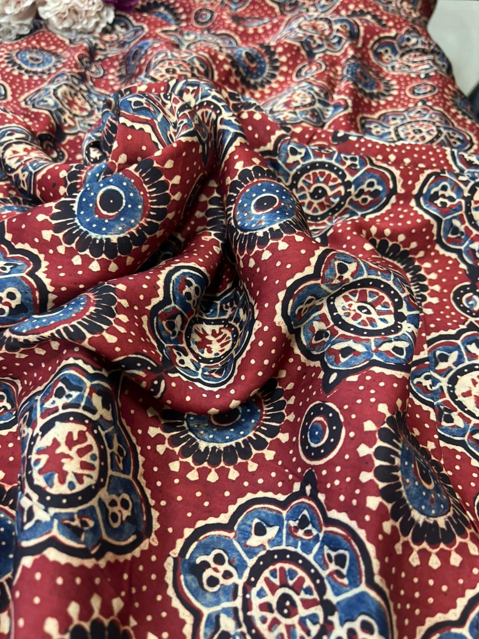Red Block Printed Ajrakh Modal Silk Fabric ( 1 Mtr ) - Luxurion World