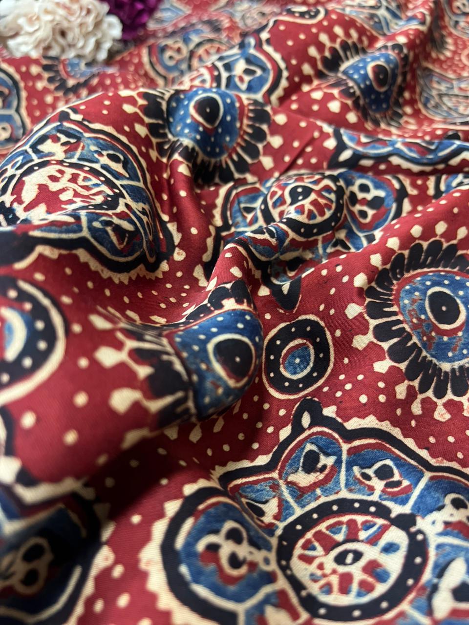 Red Block Printed Ajrakh Modal Silk Fabric ( 1 Mtr ) - Luxurion World