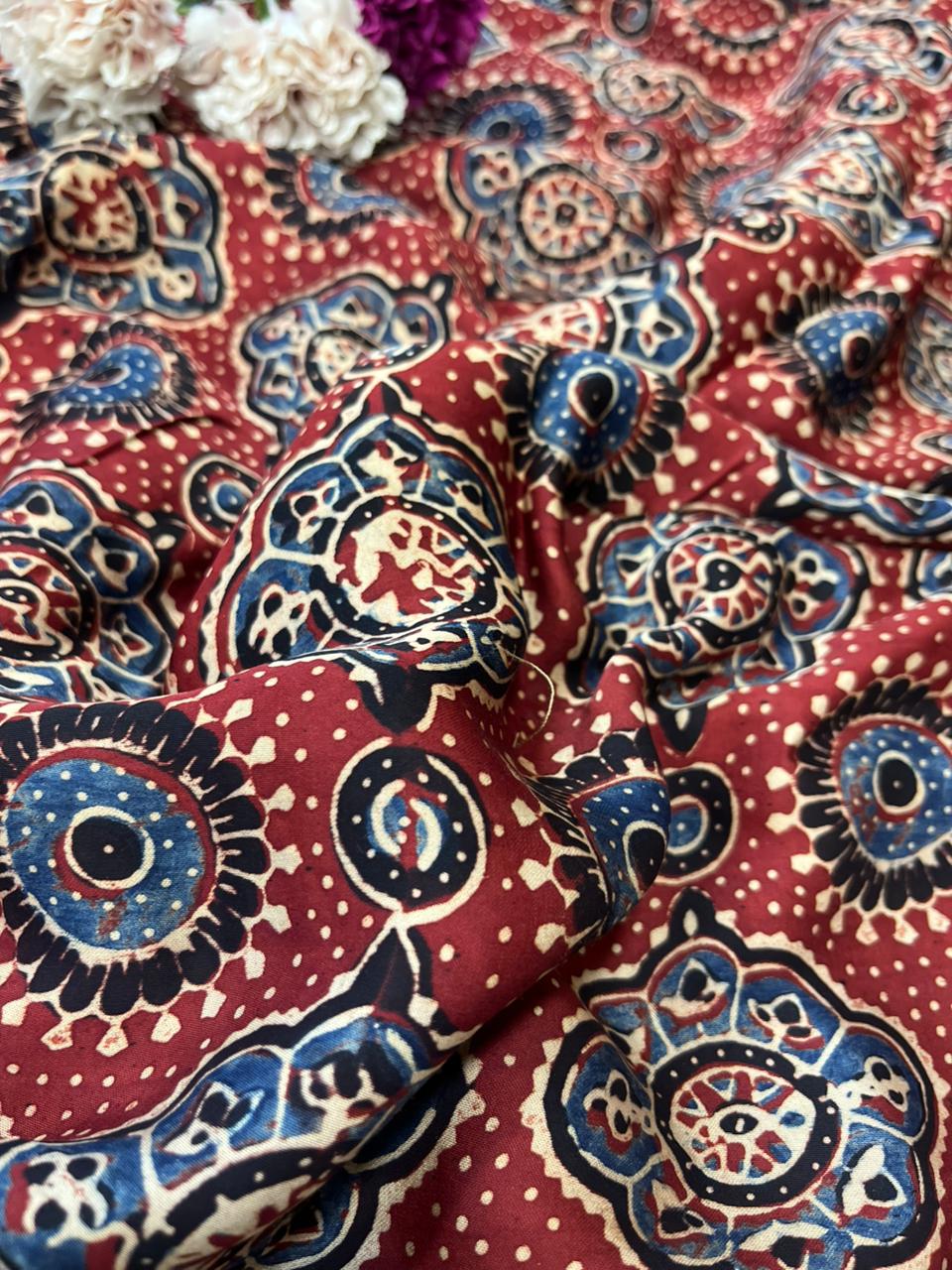 Red Block Printed Ajrakh Modal Silk Fabric ( 1 Mtr ) - Luxurion World