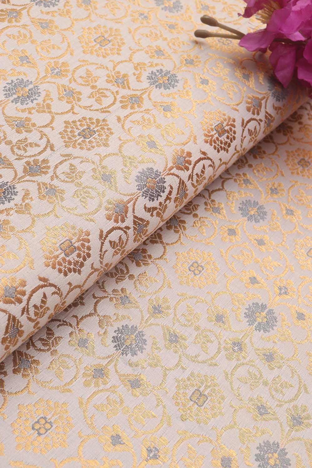 Grey Banarasi Kimkhwab Silk Fabric ( 1 Mtr ) - Luxurion World