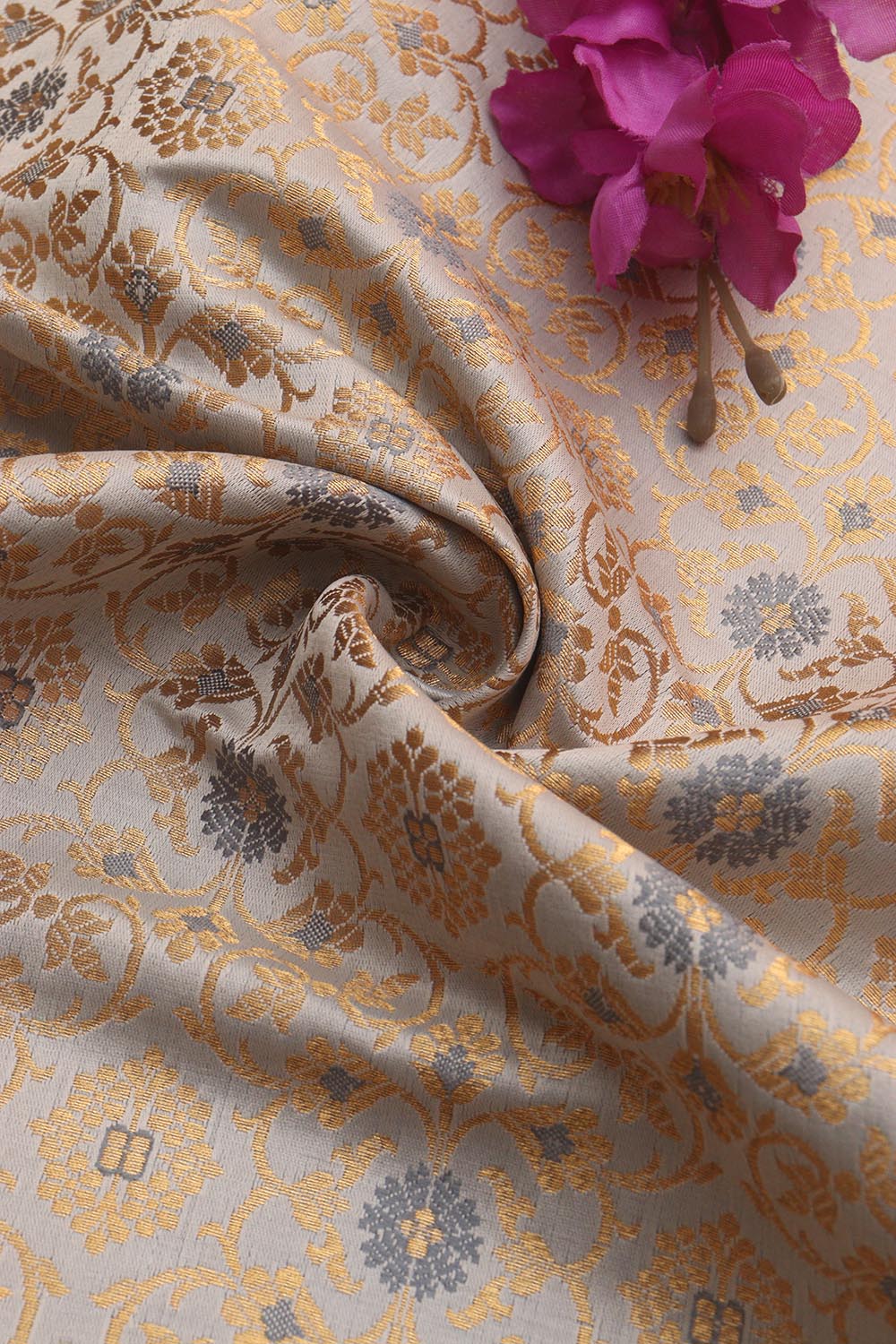 Grey Banarasi Kimkhwab Silk Fabric ( 1 Mtr ) - Luxurion World