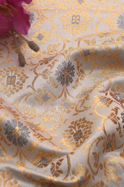 Grey Banarasi Kimkhwab Silk Fabric ( 1 Mtr ) - Luxurion World