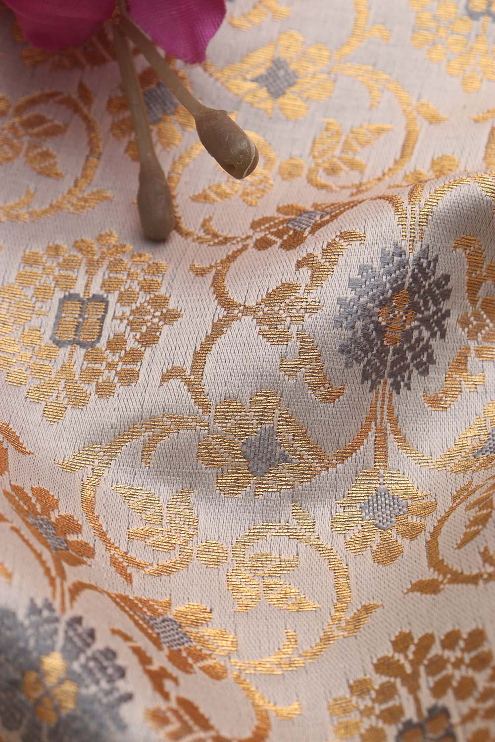 Grey Banarasi Kimkhwab Silk Fabric ( 1 Mtr )
