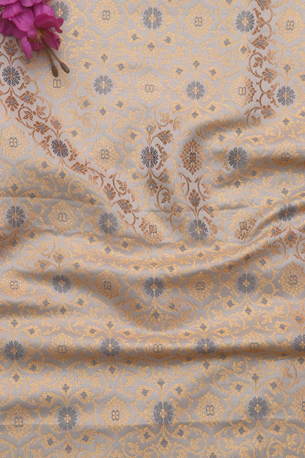 Grey Banarasi Kimkhwab Silk Fabric ( 1 Mtr ) - Luxurion World