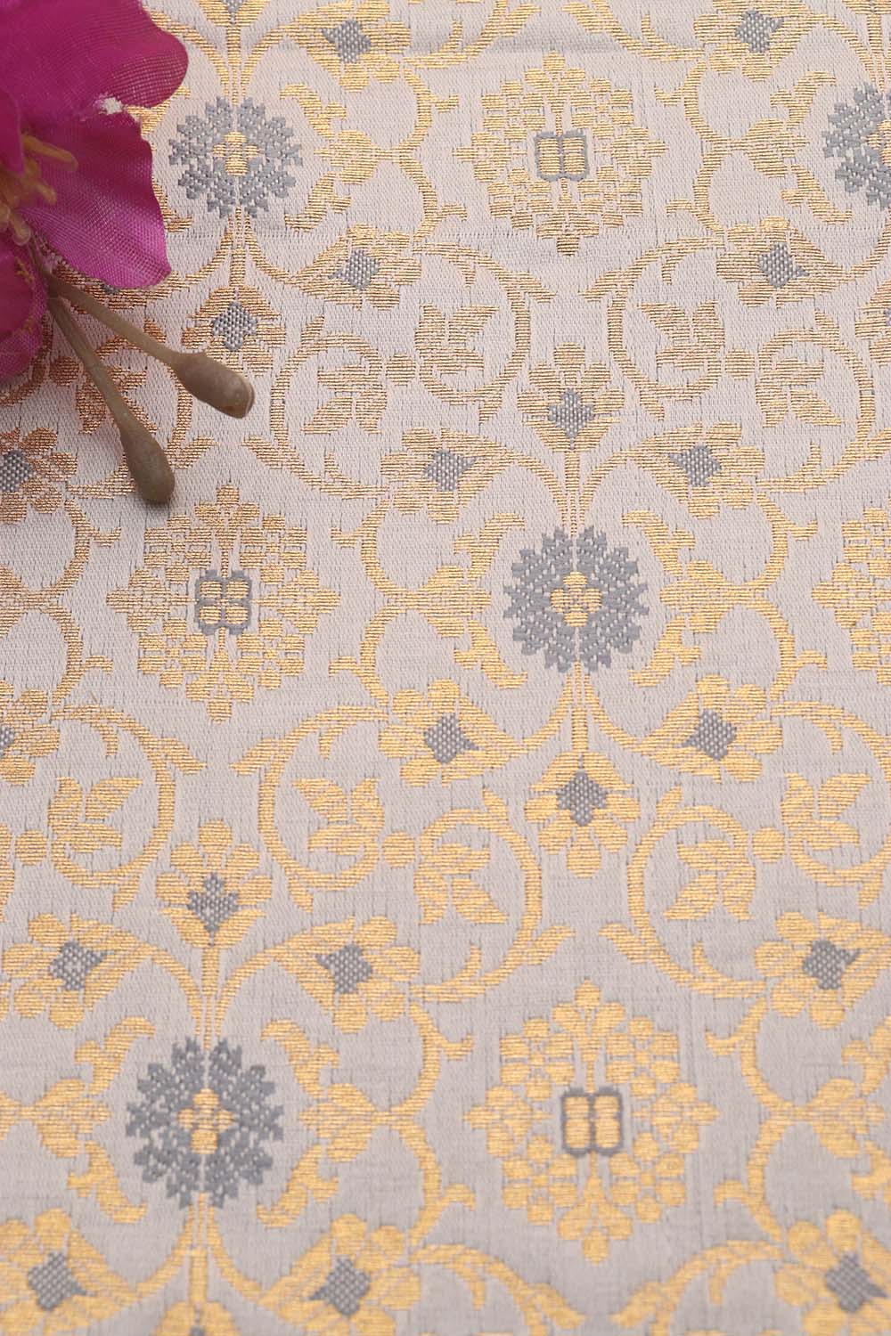 Grey Banarasi Kimkhwab Silk Fabric ( 1 Mtr ) - Luxurion World