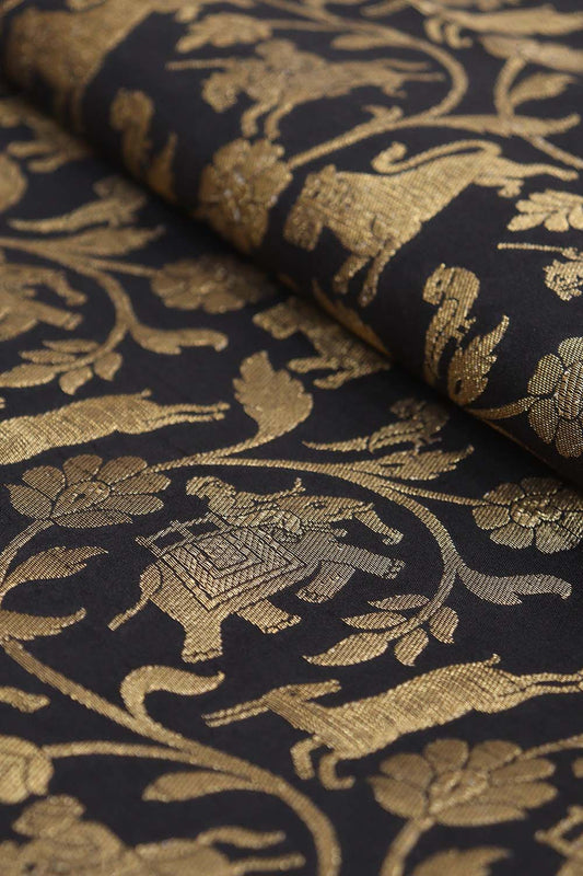 Exquisite Black Banarasi Shikargah Silk Fabric - 0.75 Mtr - Luxurion World