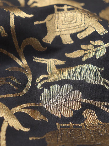 Exquisite Black Banarasi Shikargah Silk Fabric - 0.75 Mtr - Luxurion World