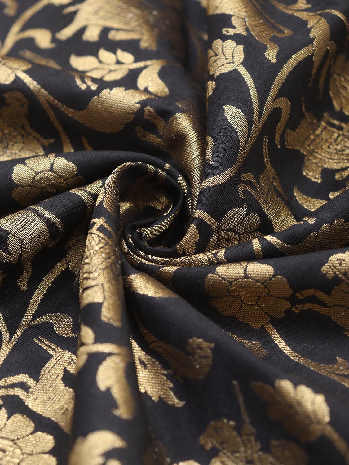 Exquisite Black Banarasi Shikargah Silk Fabric - 0.75 Mtr