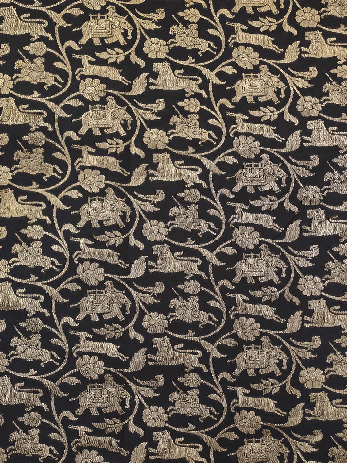 Exquisite Black Banarasi Shikargah Silk Fabric - 0.75 Mtr