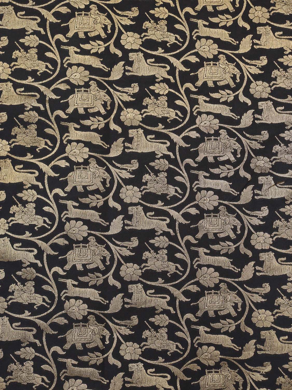 Exquisite Black Banarasi Shikargah Silk Fabric - 0.75 Mtr - Luxurion World