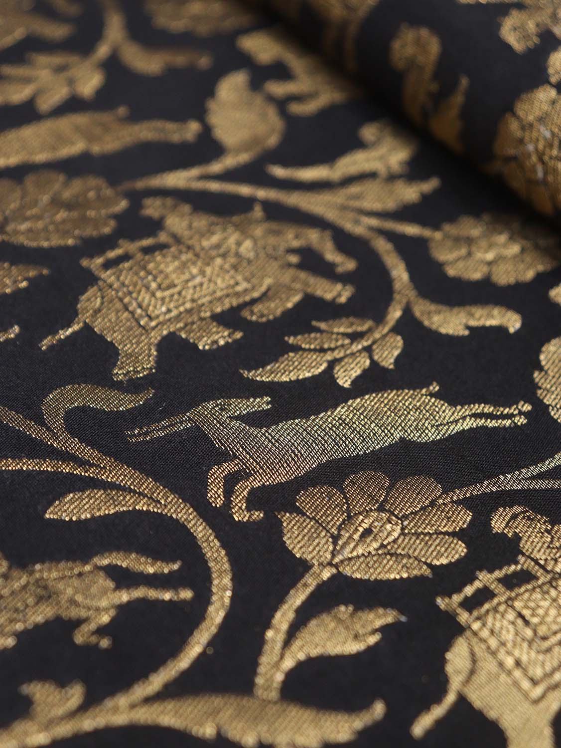 Exquisite Black Banarasi Shikargah Silk Fabric - 0.75 Mtr - Luxurion World