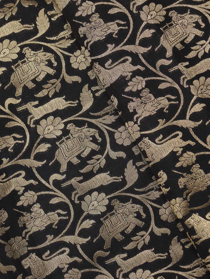 Exquisite Black Banarasi Shikargah Silk Fabric - 0.75 Mtr - Luxurion World