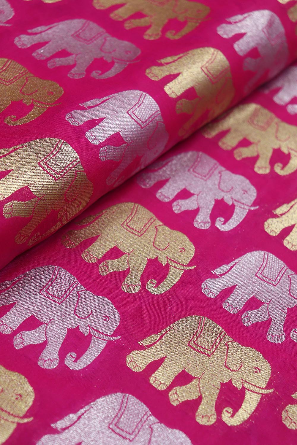 Elephant Design Pink Banarasi Silk Fabric - 1 Mtr Sona Roopa - Luxurion World