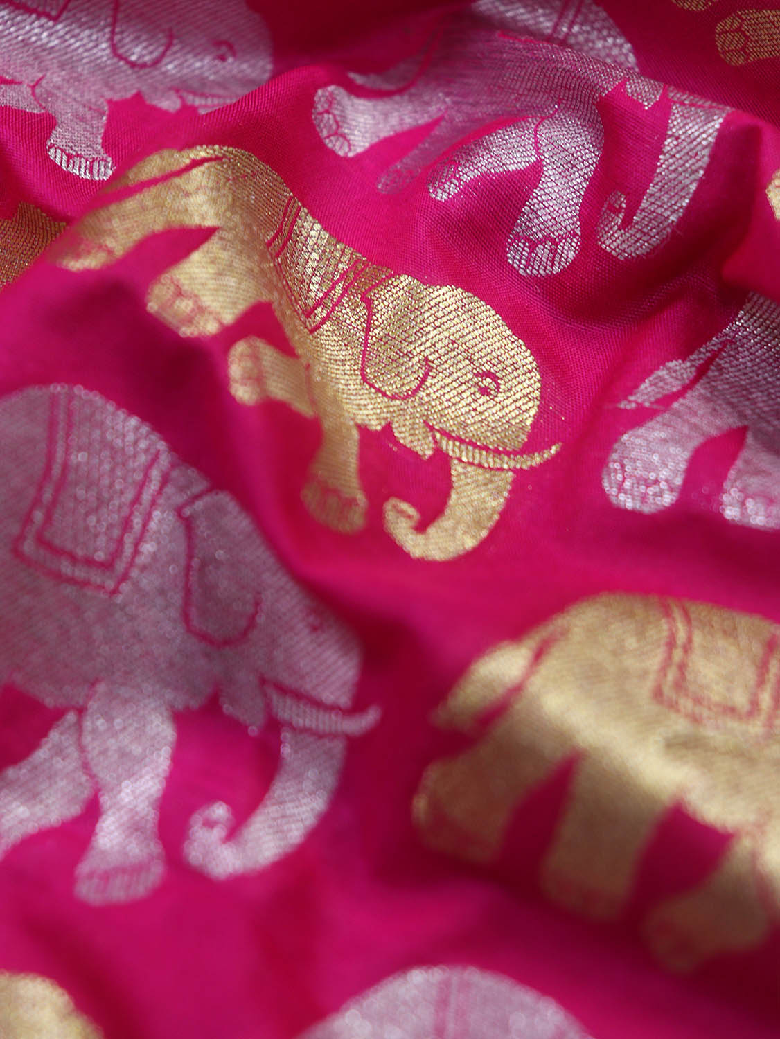 Elephant Design Pink Banarasi Silk Fabric - 1 Mtr Sona Roopa