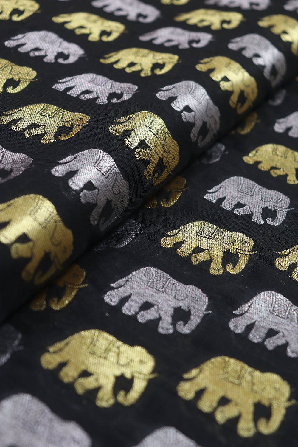 Elephant Design Black Banarasi Silk Fabric - 1 Mtr Sona Roopa - Luxurion World