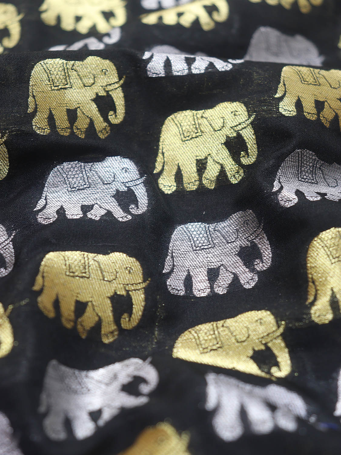 Elephant Design Black Banarasi Silk Fabric - 1 Mtr Sona Roopa - Luxurion World