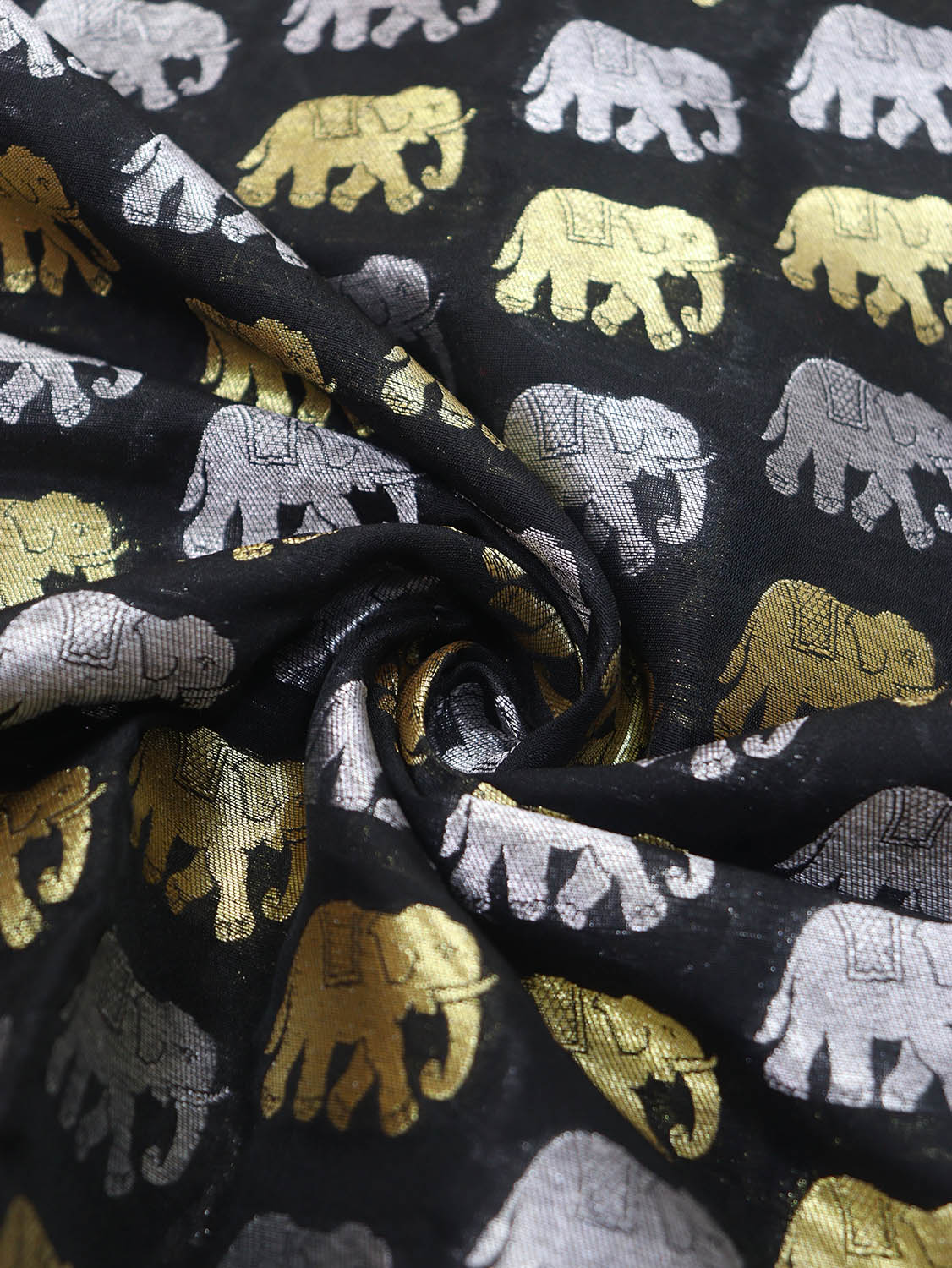 Elephant Design Black Banarasi Silk Fabric - 1 Mtr Sona Roopa - Luxurion World