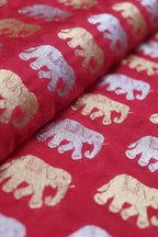 Elephant Design Banarasi Silk Fabric in Reddish Pink - 1 Mtr - Luxurion World