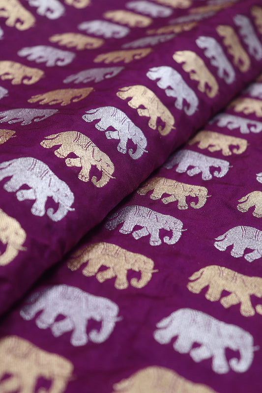 Purple Banarasi Silk Elephant Design Sona Roopa Fabric ( 1 Mtr ) - Luxurion World