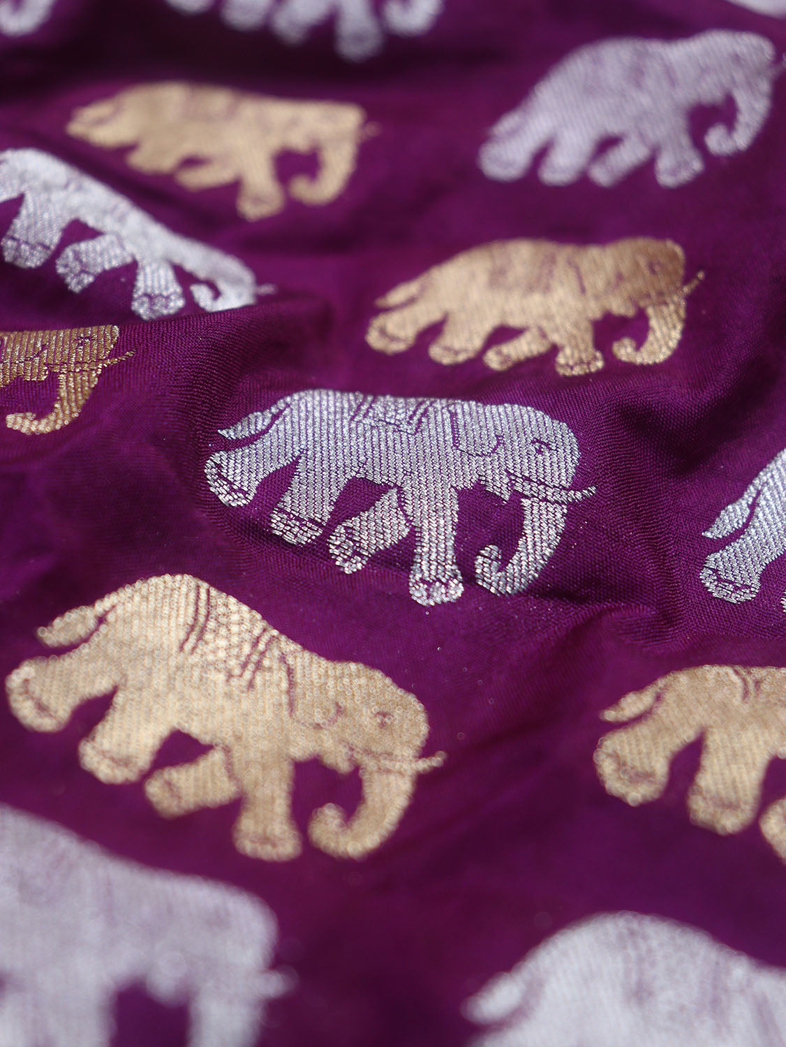 Purple Banarasi Silk Elephant Design Sona Roopa Fabric ( 1 Mtr ) - Luxurion World
