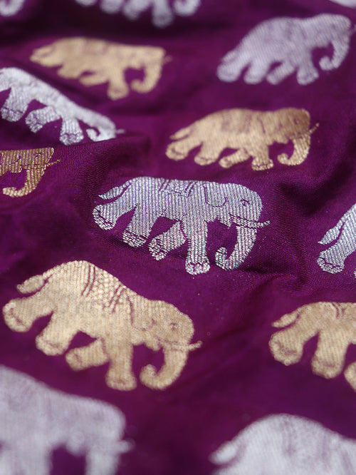 Purple Banarasi Silk Elephant Design Sona Roopa Fabric ( 1 Mtr ) - Luxurion World