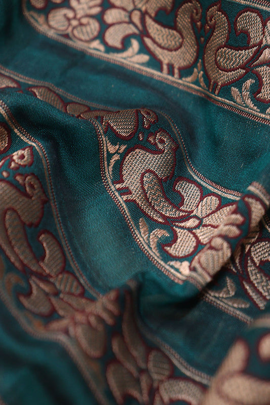 Stunning Blue and Green Peacock Banarasi Silk Fabric - 0.5 Mtr - Luxurion World