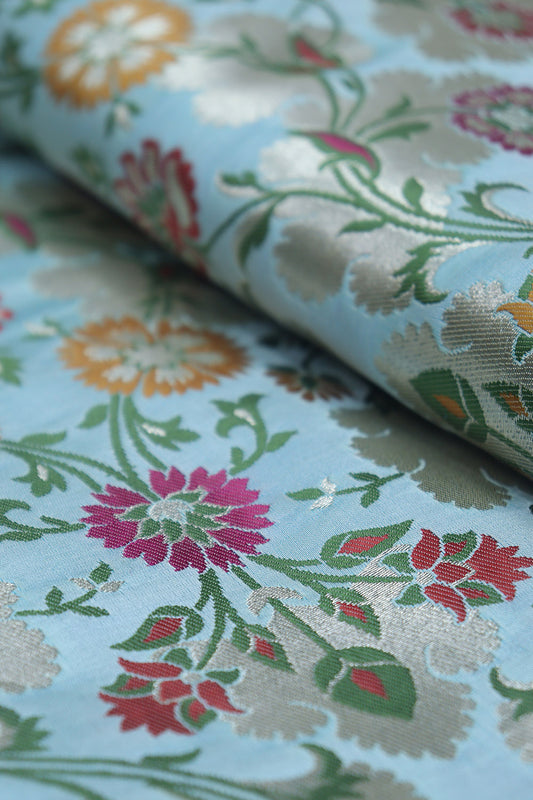 Exquisite Blue Banarasi Kimkhwab Silk Meenakari Fabric - 1 Mtr - Luxurion World