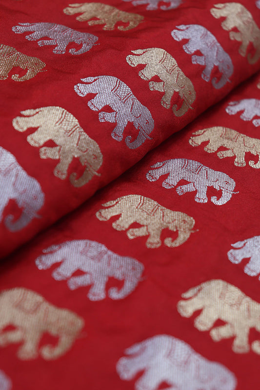 Red Banarasi Silk Elephant Design Sona Roopa Fabric ( 1 Mtr ) - Luxurion World