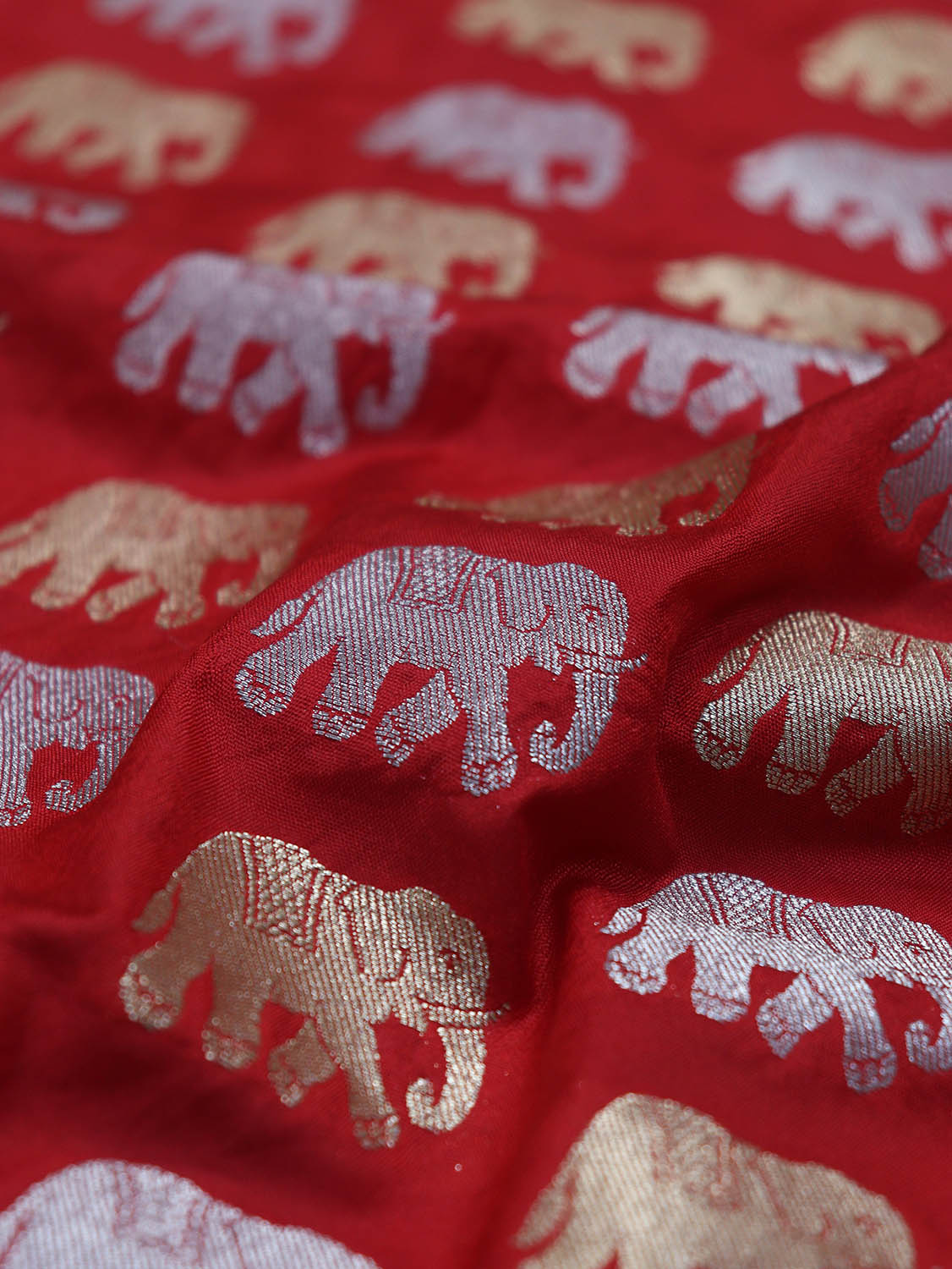 Red Banarasi Silk Elephant Design Sona Roopa Fabric ( 1 Mtr ) - Luxurion World