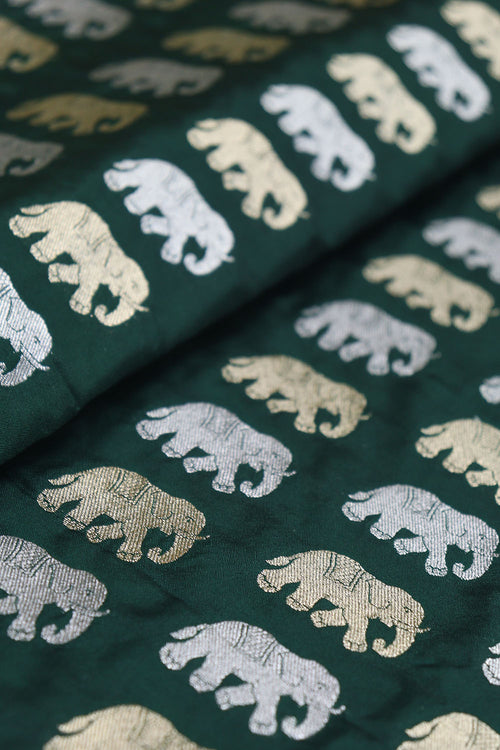 Green Banarasi Silk Elephant Design Sona Roopa Fabric ( 1 Mtr ) - Luxurion World