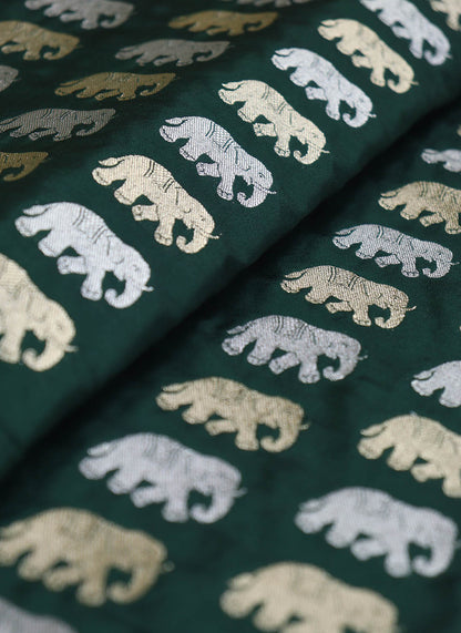 Green Banarasi Silk Elephant Design Sona Roopa Fabric ( 1 Mtr ) - Luxurion World