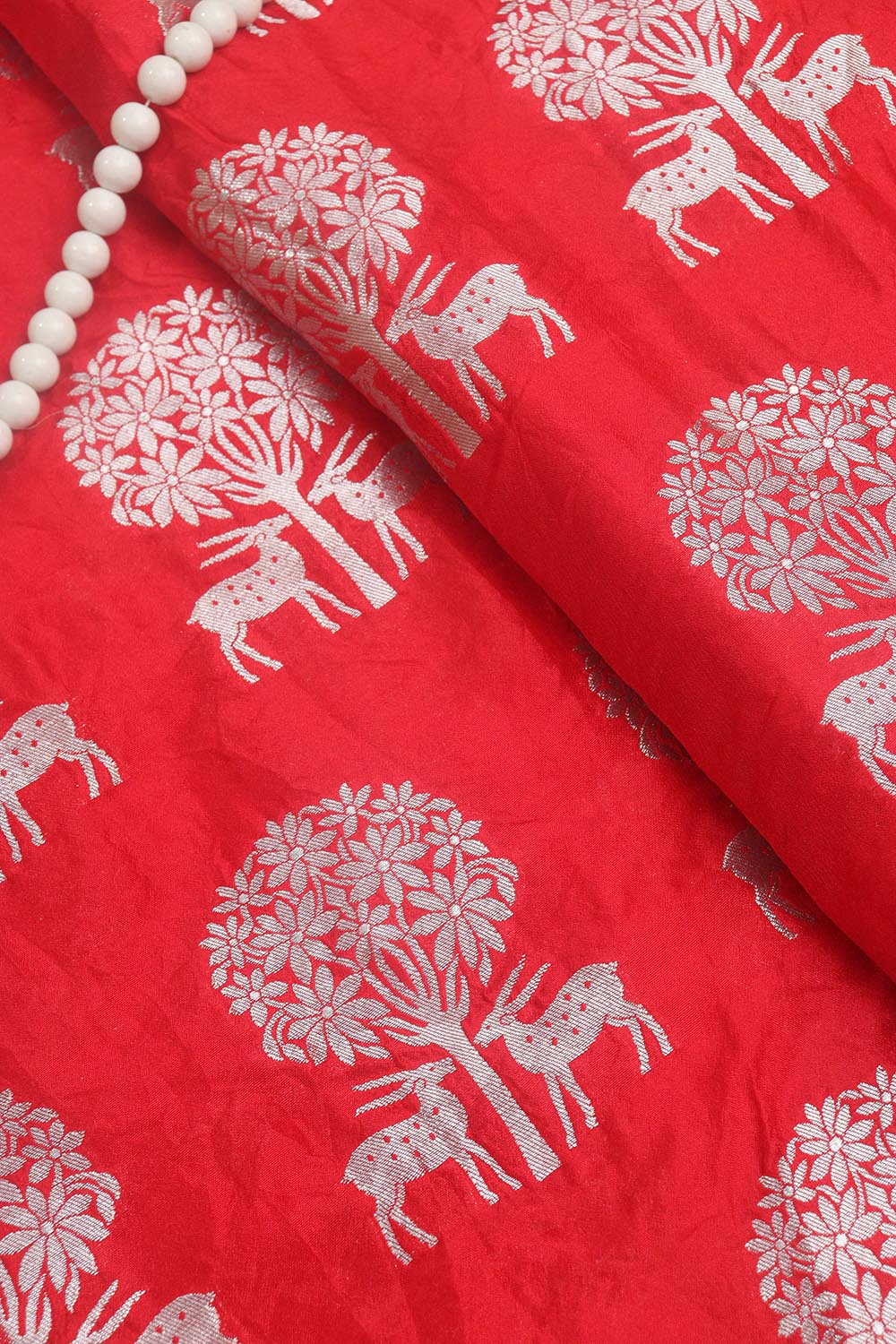 Red Banarasi Silk Silver Zari Deer Design Fabric (1 Mtr) - Luxurion World