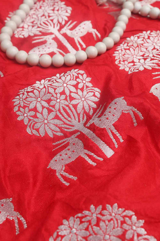 Red Banarasi Silk Silver Zari Deer Design Fabric (1 Mtr) - Luxurion World