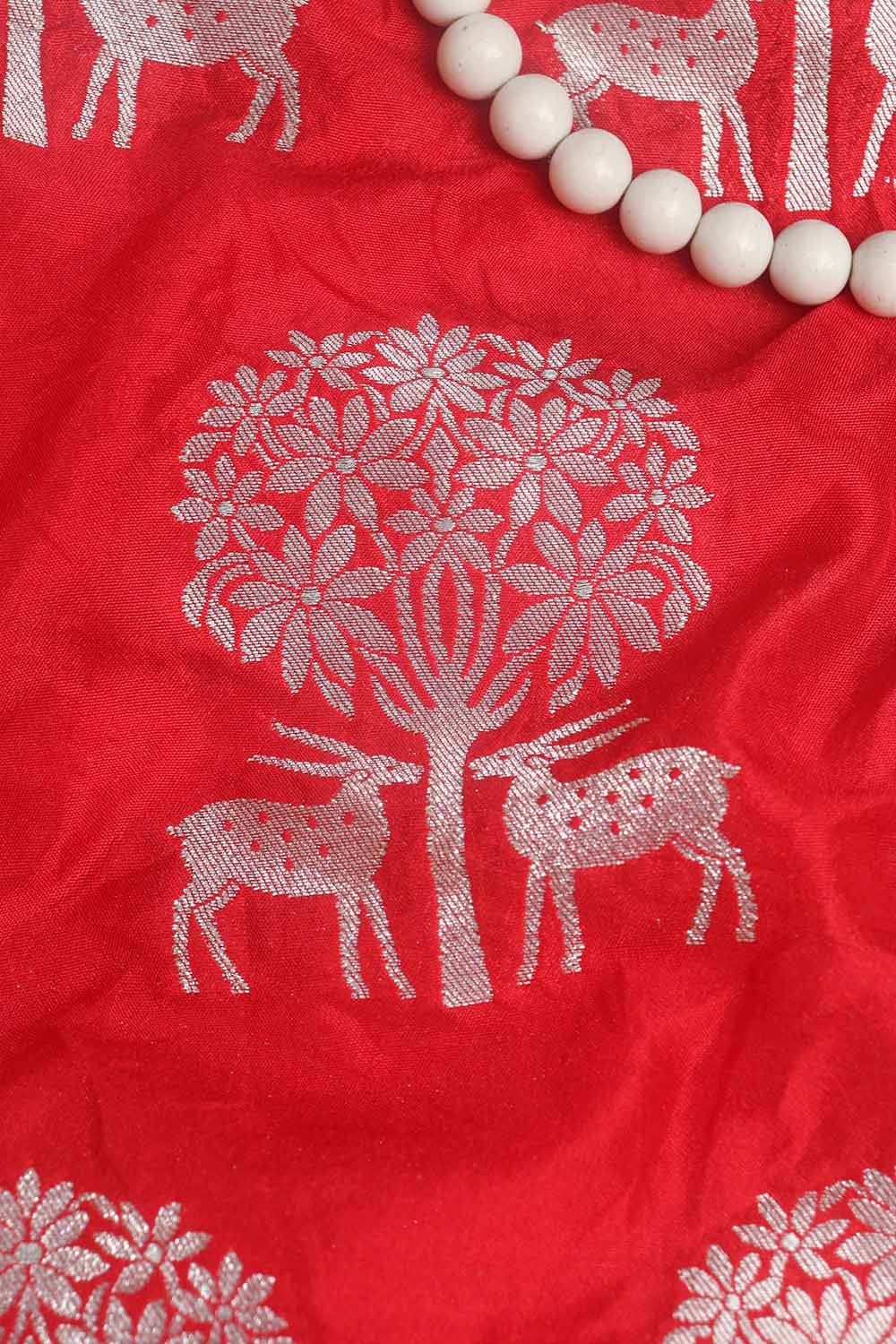 Red Banarasi Silk Silver Zari Deer Design Fabric (1 Mtr) - Luxurion World