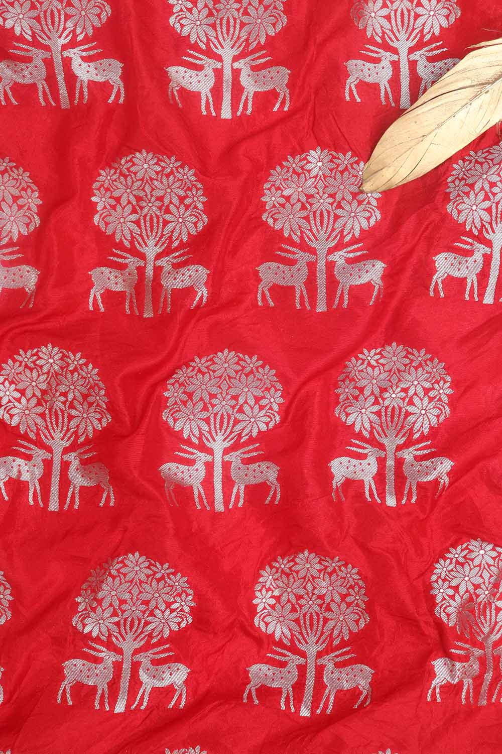 Red Banarasi Silk Silver Zari Deer Design Fabric (1 Mtr) - Luxurion World