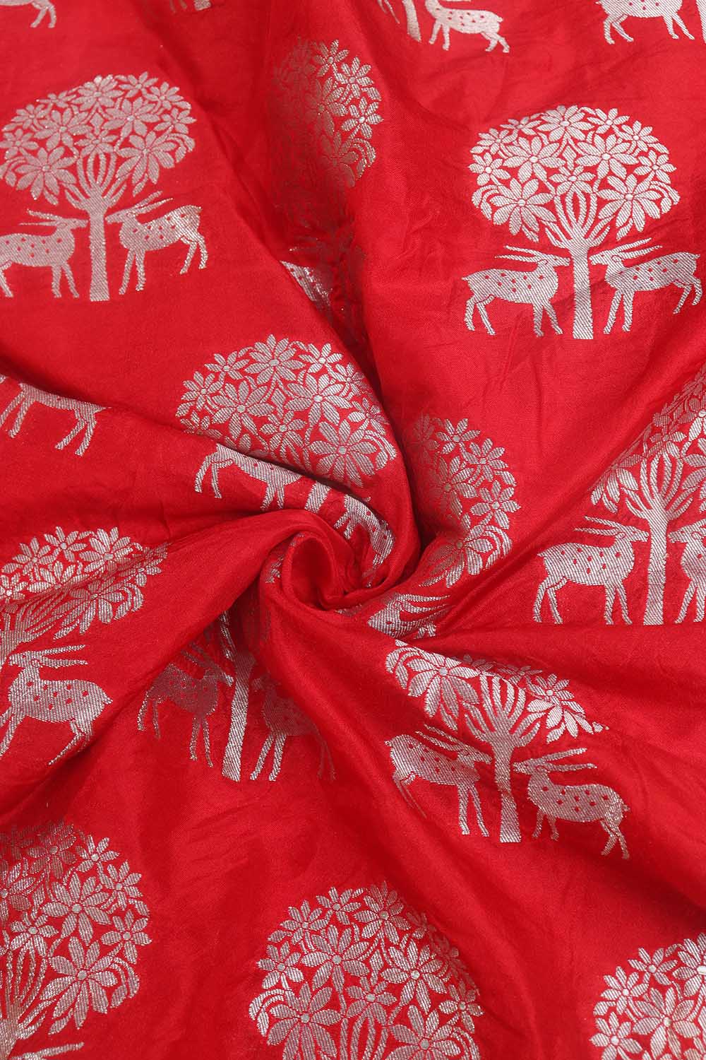 Red Banarasi Silk Silver Zari Deer Design Fabric (1 Mtr) - Luxurion World