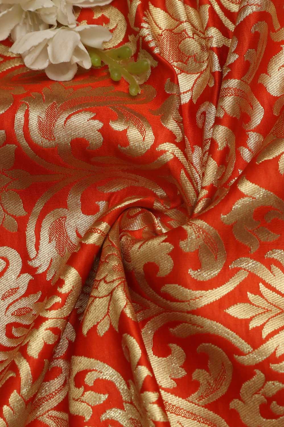 Orange Banarasi Kimkhwab Silk Fabric - Luxurious Elegance ( 1 Mtr ) - Luxurion World