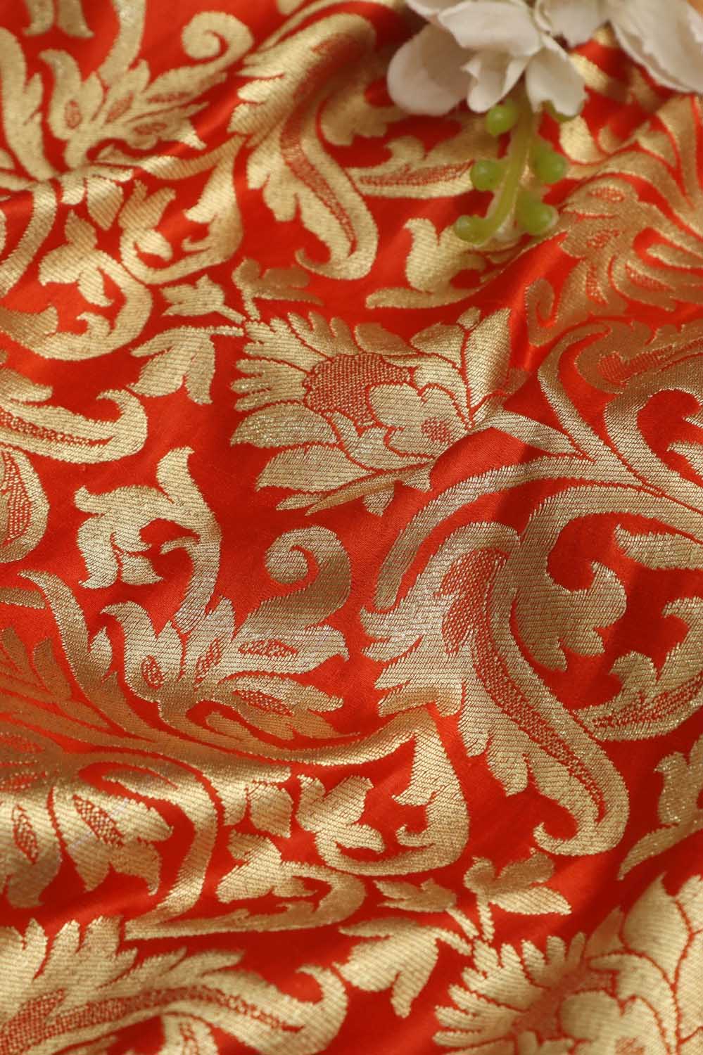 Orange Banarasi Kimkhwab Silk Fabric - Luxurious Elegance ( 1 Mtr ) - Luxurion World