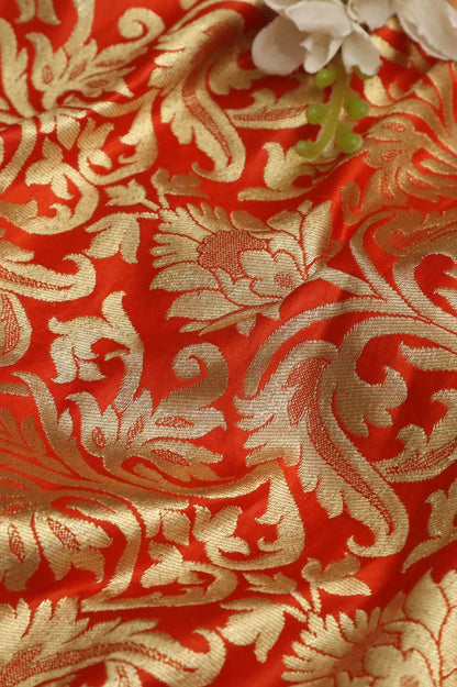 Orange Banarasi Kimkhwab Silk Fabric - Luxurious Elegance ( 1 Mtr ) - Luxurion World